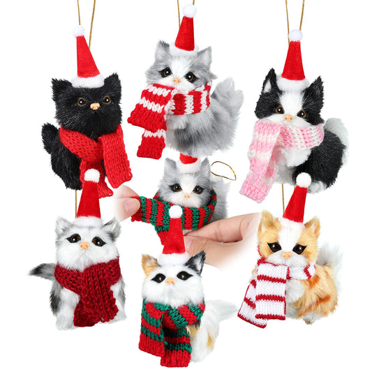 6 Sets Cat Ornaments with Colorful Scarf Kitten Ornaments Mini Tabby Cat Xmas Tree Holiday Hanging Decoration Artificial Fur Kitten Ornament with Santa Hat Scarf for Christmas Tree Decor