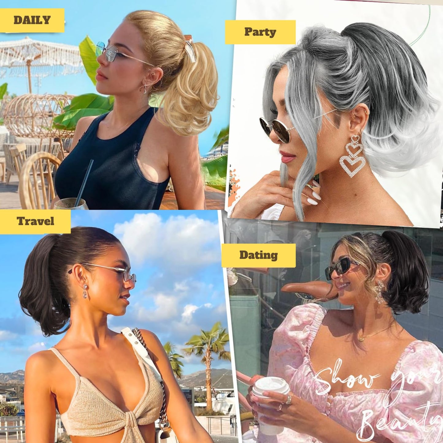 TSHELOVE Bun Hairpiece Fully Short Comb Clip Drawstring Ponytail Bun with Comb Clip Synthtic Chignon Updo Hair Bun for Women Daily Party Use (Black Mixed White and Gray)