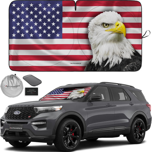 Autoamerics 1-Piece Windshield Sun Shade New American Eagle Flag USA Patriotic Design - Foldable Car Front Window Sunshade for Sedans SUV Truck - Blocks Max UV Rays and Keeps Your Vehicle Cool Medium