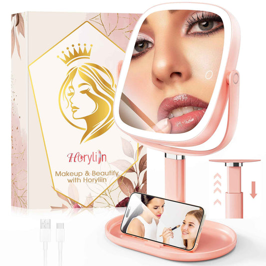 Horyliin Makeup Mirror with Lights - 10x/1x Magnifying Mirror with Light, Rechargeable Desk Mirror with 3-Color Lighting & Memory Function, 360° Adjustable Table Mirror, Gift for Women (Pink)