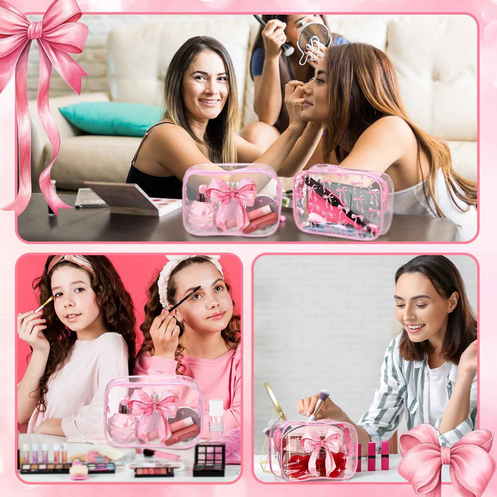 Kacctyen Pink 10 Bow Clear Makeup Bag Coquette Cosmetic Bag for Women Girl Christmas Preppy Bow Gift Accessories PVC Waterproof Travel Toiletry Pouch for Stocking Stuffer Bridal Wedding