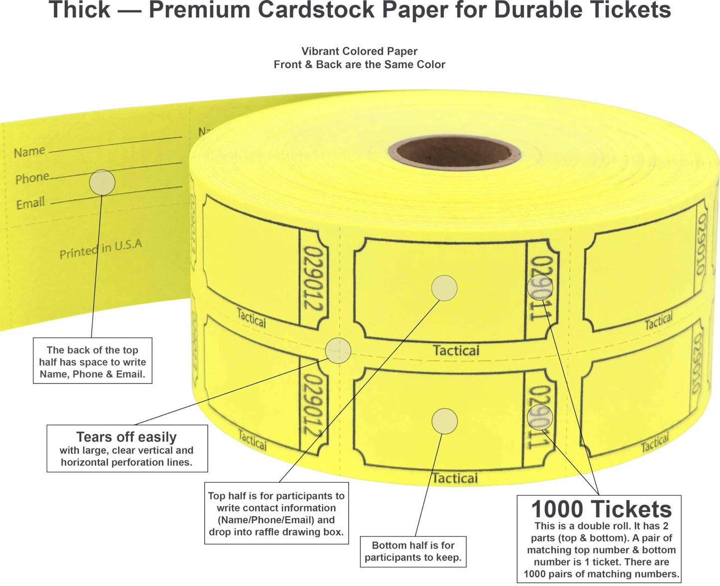 Tacticai 1000 Raffle Tickets, Blank, Yellow (8 Color Selection), Double Roll for Events, Entry, Class Reward, Fundraiser & Prizes