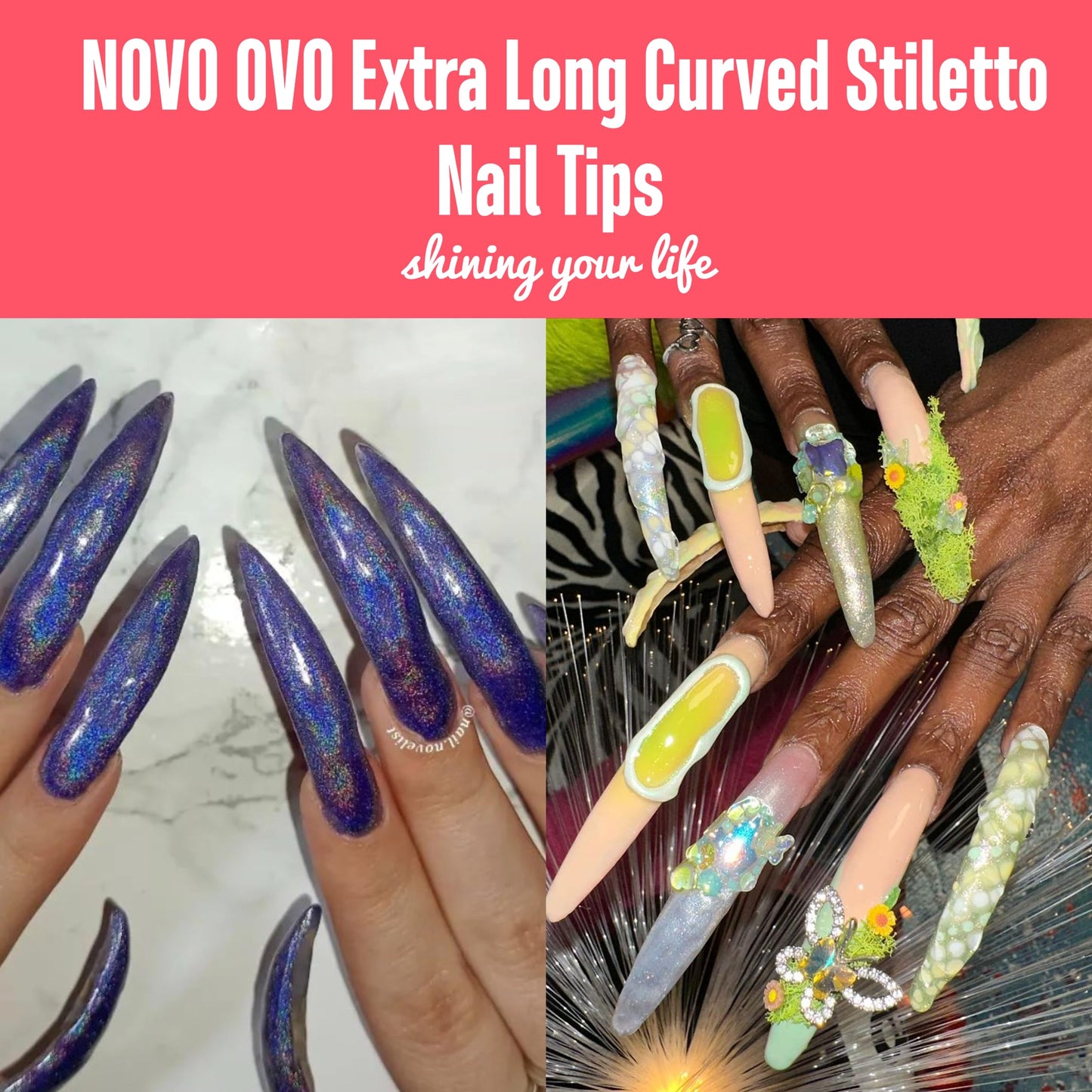 NOVO OVO 500 pcs Extra Long Hawk Curved Stiletto/Almond Nail Tips, XXL 2XL Sharp False Nails for Acrylic, Natural QUEEN STILETTO CURVE Eagle Claw Half Cover Gel Extension x 10 Sizes in Bag for Salon