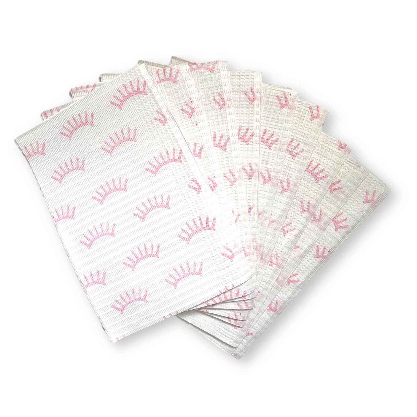Disposable Lashing Dental Bib | 125 Pack | Size 13x18" inches | Eyelash Extension Supplies | White Bib with Pink Lash Print Design