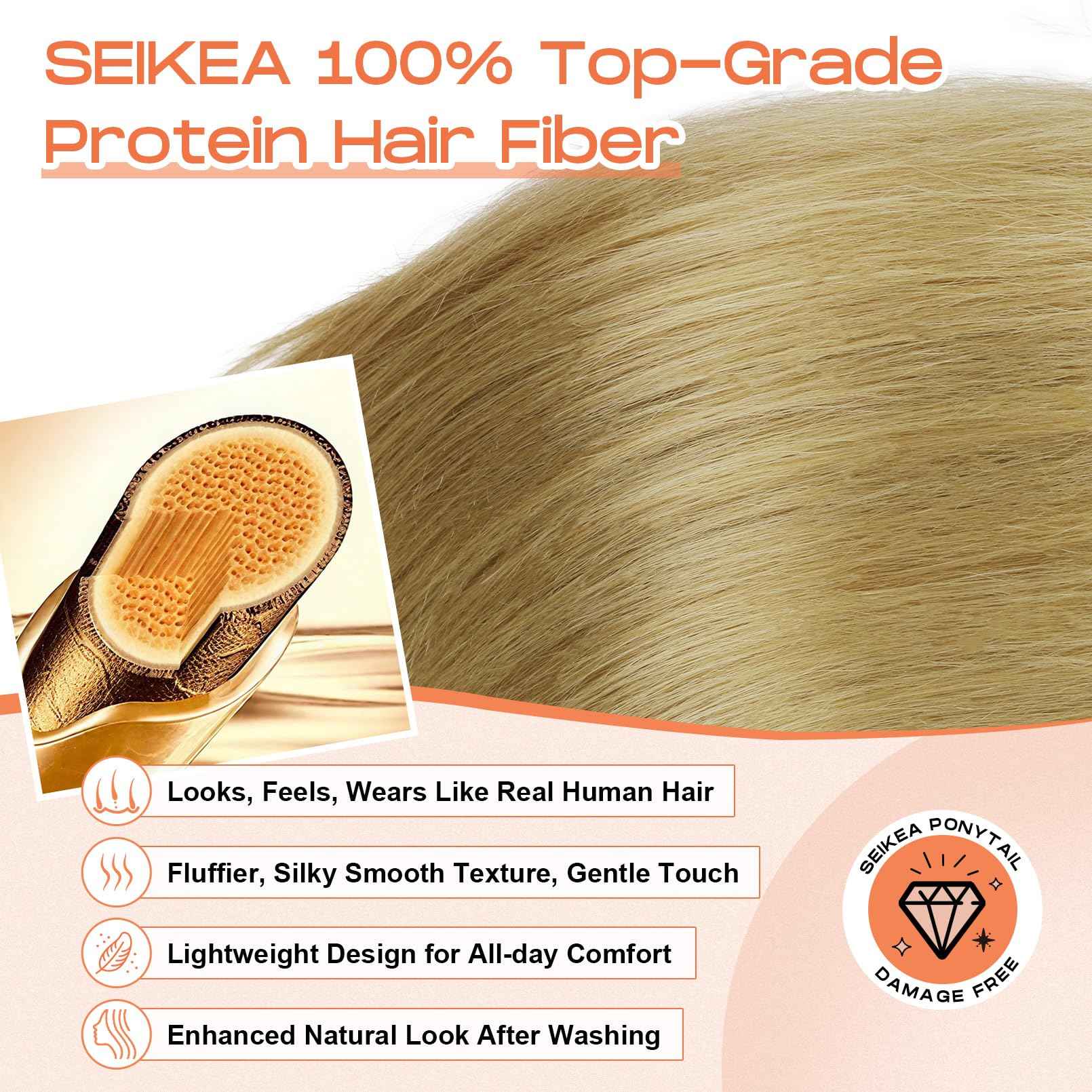SEIKEA Cheer Ponytail Hair Piece, 100% Super Protein Fiber Straight Cheerleader Hairpiece Lightweight Silky Smooth Fluffy 18" Ponytail Extension for Cheerleader Competition, Dance Blonde