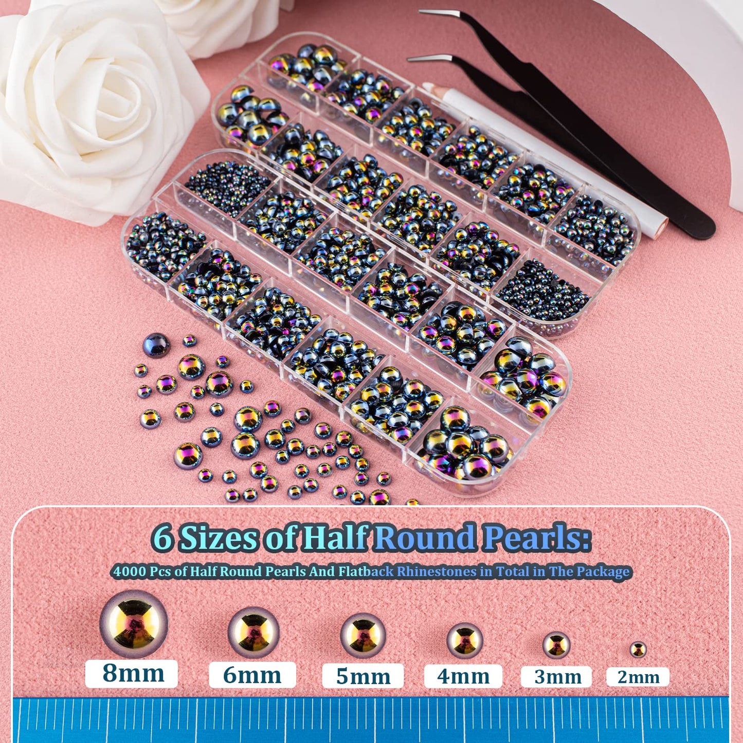 4000 PCS Half Round Pearls and Rhinestones, Flat Back Black AB Half Pearls and Clear Round Crystal Gem Kit with Tweezer and Pickup Pencil for Nail Art and DIY Decoration