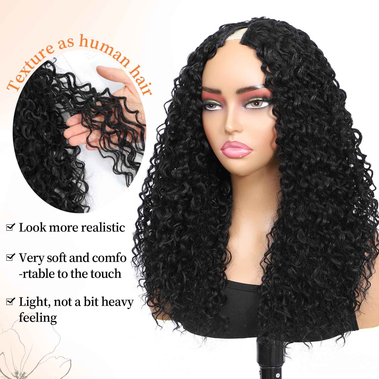 HUA 14 Inch Curly V Part Wig Human Hair Mixed Synthetic Upgrade U Part Human Hair Wig for Black Women Daily Use Glueless V Shape Wigs Afro Curly Wigs 180% Density Natural Black Color
