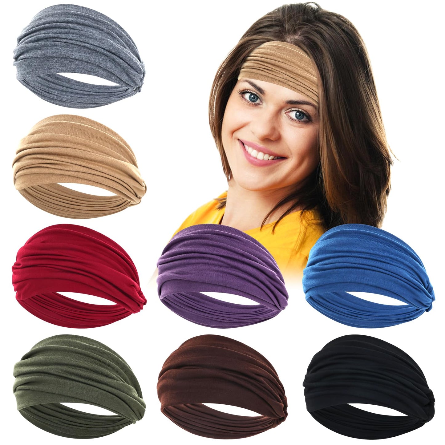 Dizila 8 Pieces Solid Plain 18cm/7" Wide Headbands for Women, Criss Cross Knotted Wide Turban Headbands Sports Gym Yoga Stretchy Headwraps Head Scarf Hair Bands Accessories for Women Girls