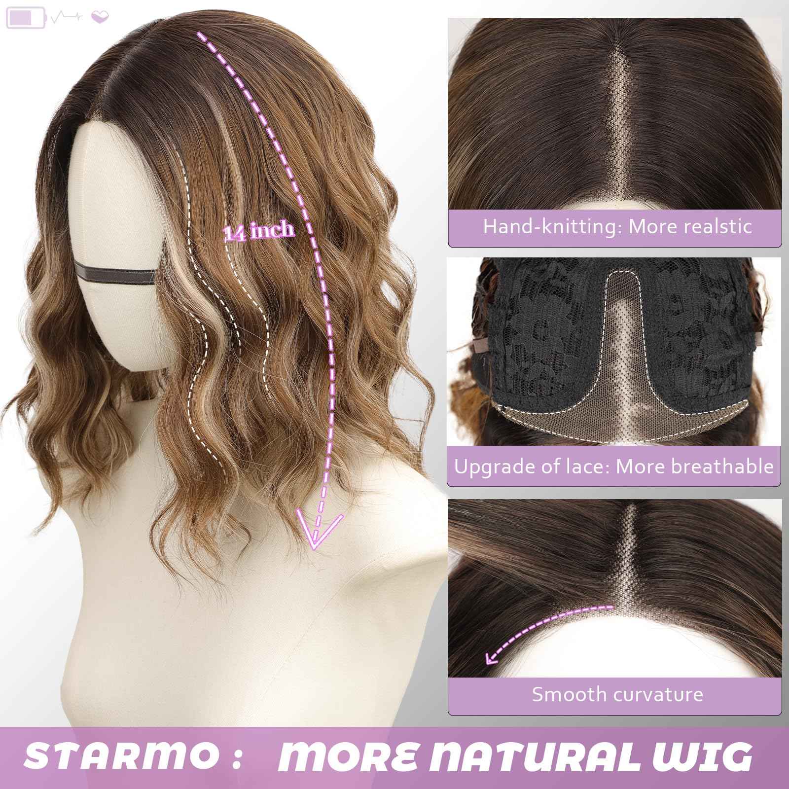 Starmo Ombre Light Brown With Blonde Short Wavy Bob Glueless Synthetic Lace Front Wig for Women Pre Cut for Beginners Natural Hairline 14 Inch