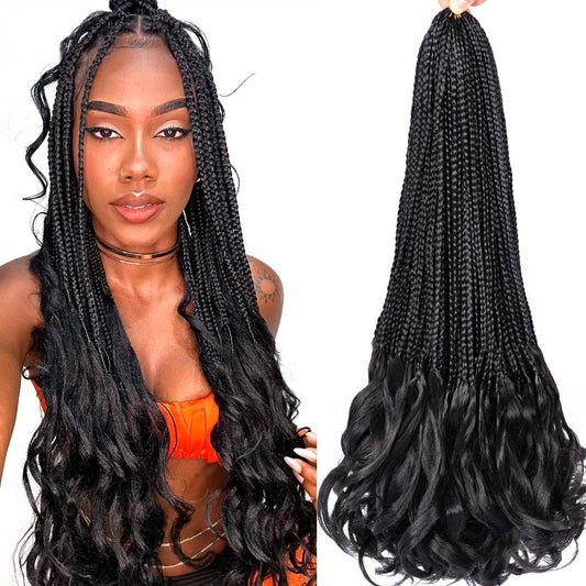 French Curl Crochet Braids 24 Inch Goddess Box Braids Crochet Hair for Women 8 Packs Pre Looped Crochet Box Braids with Curly Ends Synthetic French Curly Braiding Hair Extensions (1B#)