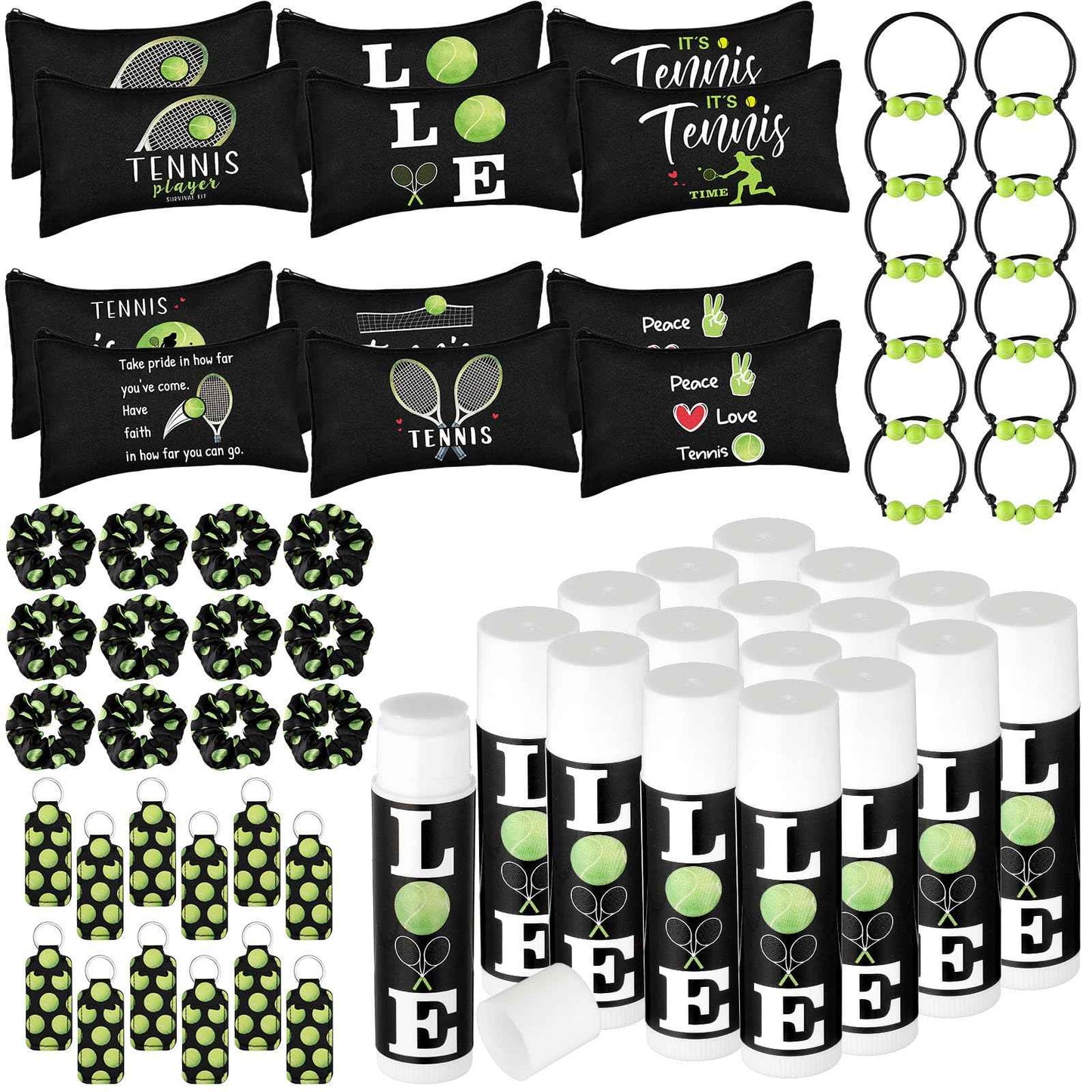 Dansib 60 Pcs Tennis Lover Gifts Set Tennis Party Supplies Include 12 Makeup Bag 12 Hair Scrunchies 12 Charm Bracelets 12 Lipstick and 12 Lipstick Holder Keychain for Female Athletes