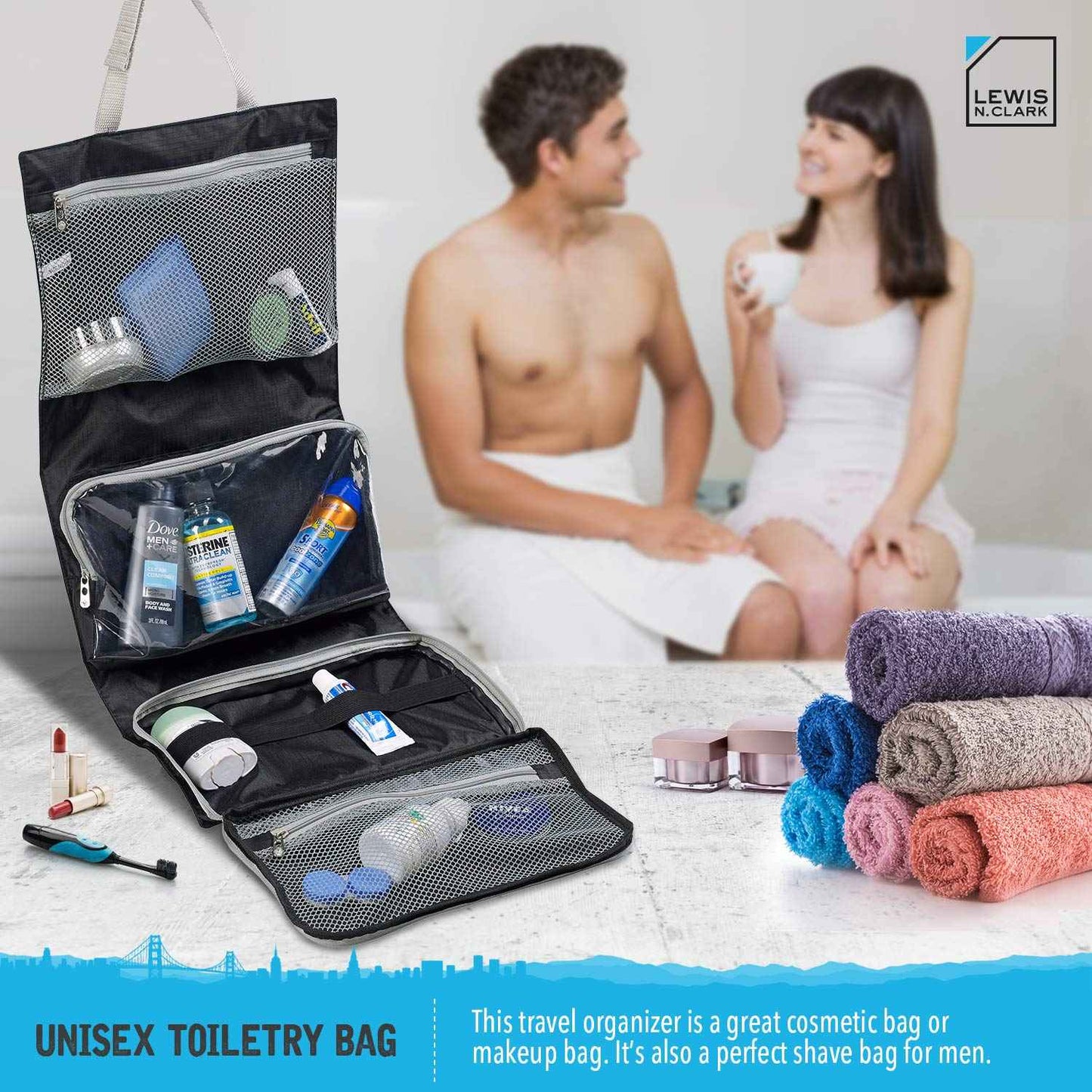 Lewis N. Clark Hanging Toiletry Bag for Travel Accessories, Shampoo, Cosmetics + Personal Items with Waterproof Compartment and Folding Design, Black