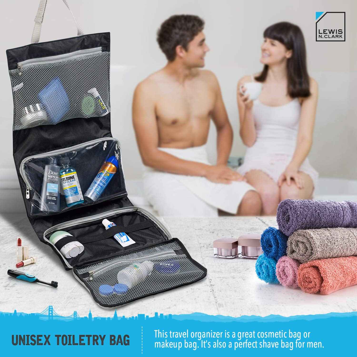 Lewis N. Clark Hanging Toiletry Bag for Travel Accessories, Shampoo, Cosmetics + Personal Items with Waterproof Compartment and Folding Design, Black