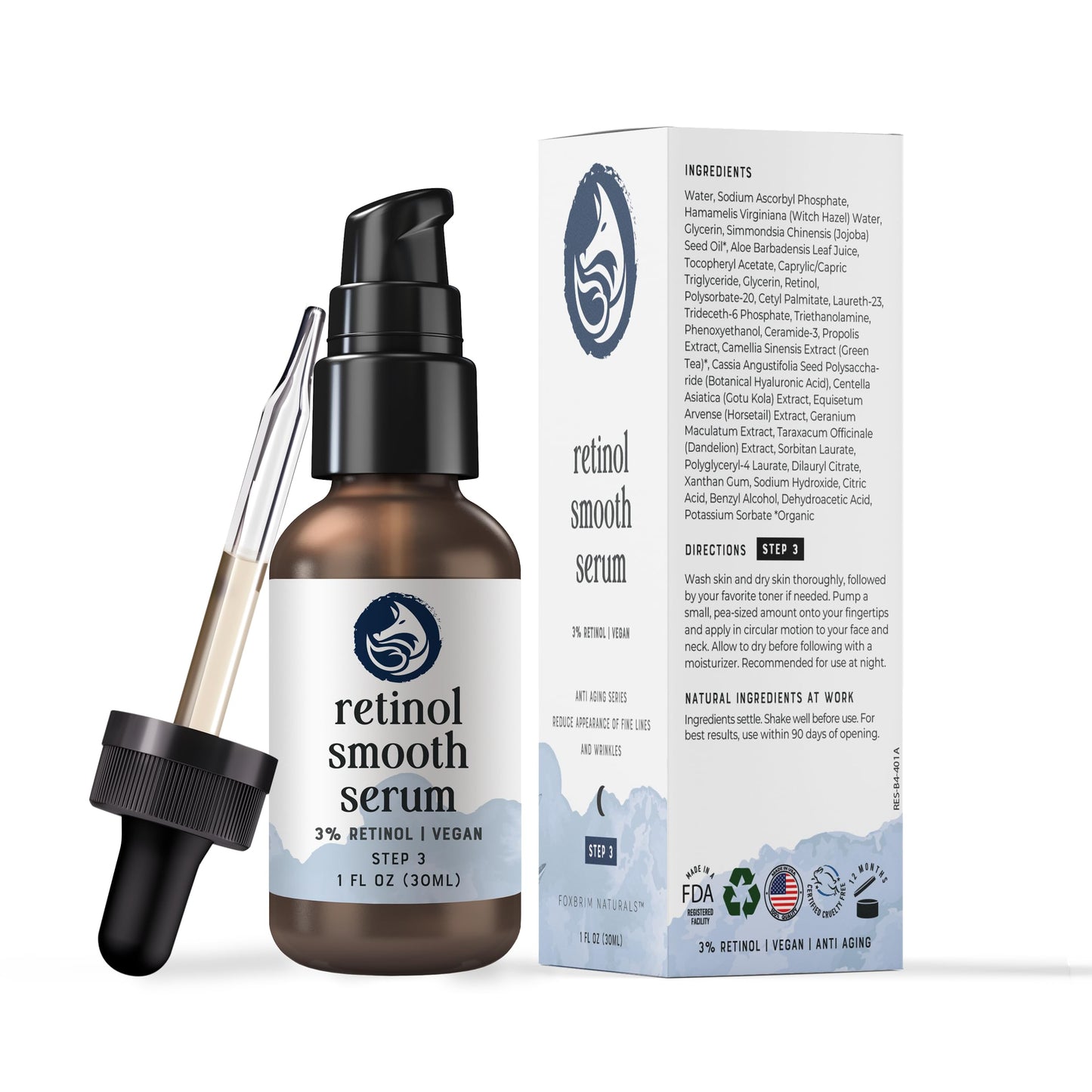 Retinol Face Serum - 3% Retinol - Anti Aging Night Serum - with Gotu Kola, Hyaluronic Acid, Horsetail Extract & Organic Jojoba Oil - 1oz by Foxbrim Naturals