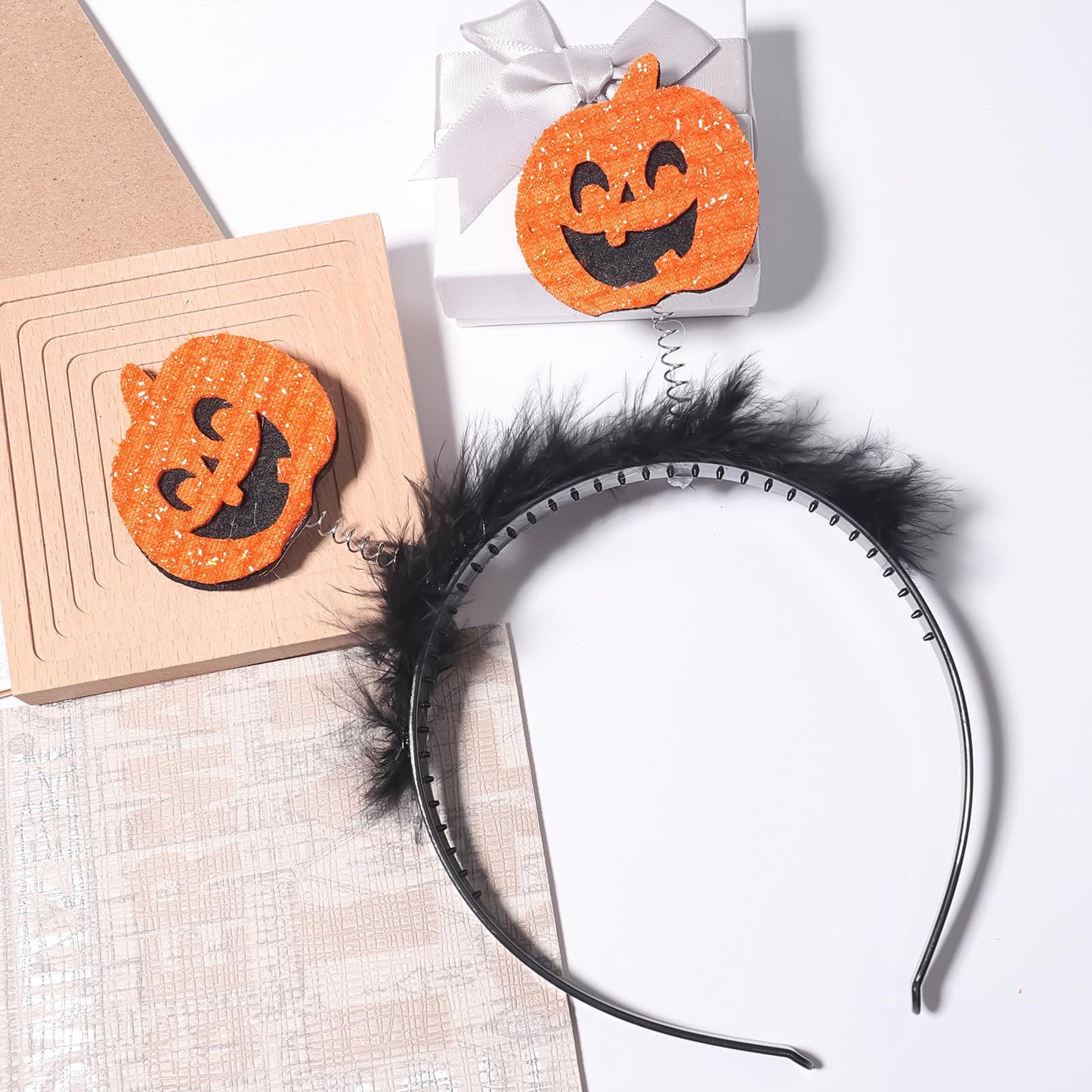 Jacnkb Halloween Pumpkin Headband Halloween Black Plush Pumpkin Hairbands Fuzzy Feather Hair Hoop for Halloween Party Supplies Halloween Hair Accessories for Women