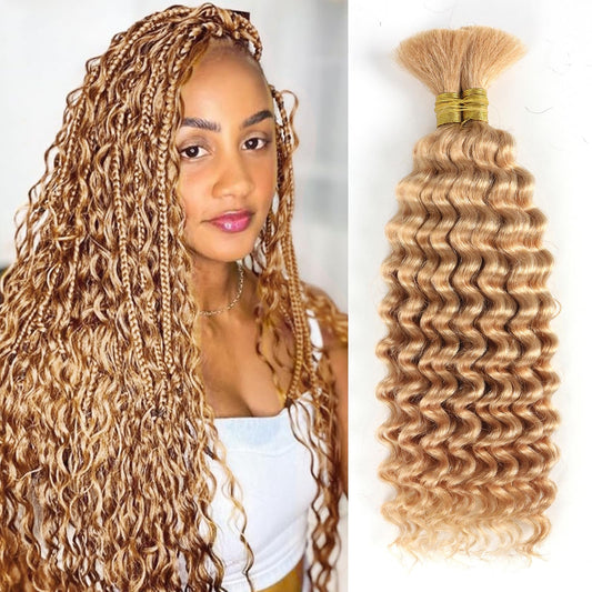 Deep Wave Bulk Human Braiding hair For Boho Braids knotless Micro Curly Wet And Wavy Bundles No Weft 12A Brazilian Remy Human Hair Extensions For Black Women (Deep Bulk - #27, 16Inch/100G)