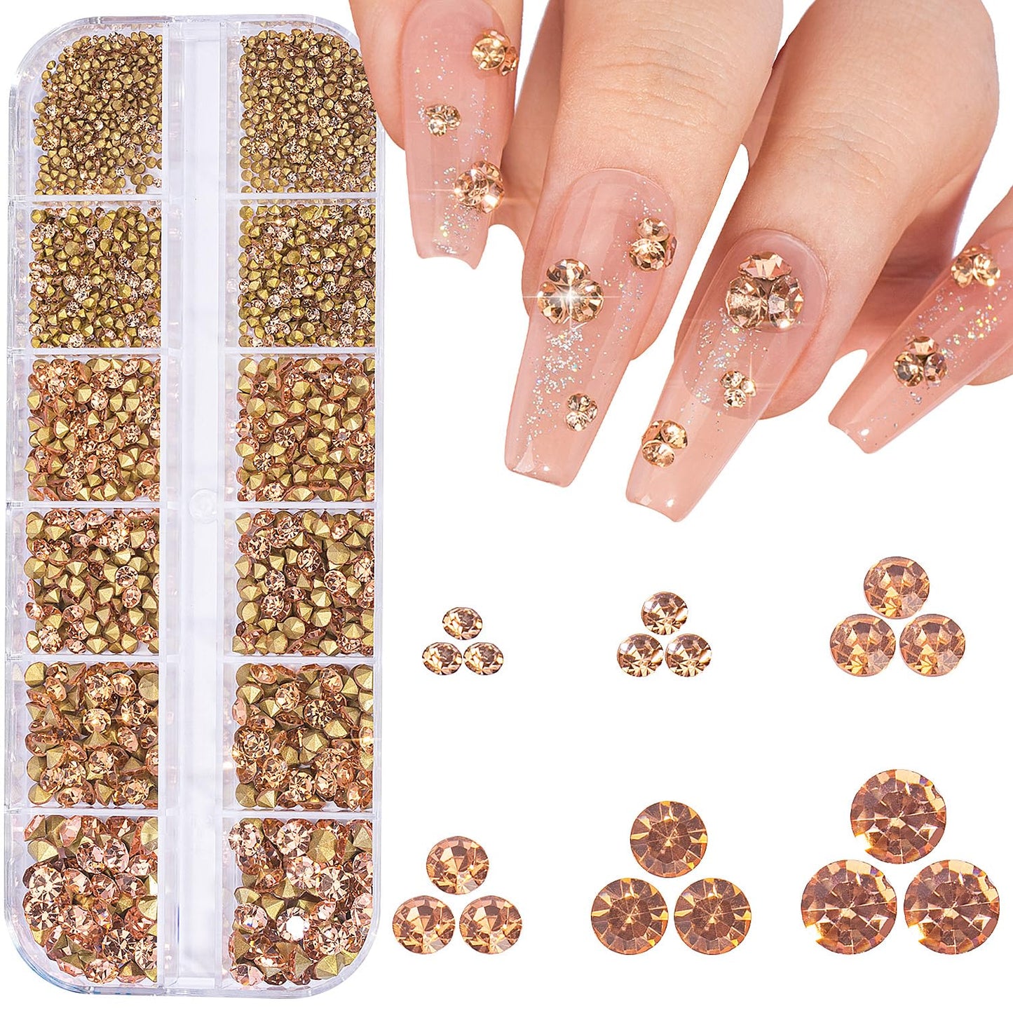 1660Pcs Champagne Nail Rhinestones for Nails 3D Pointed Bottom Nail Crystals Gemstones Nail Crystals Shapes Rhinestones Nail Gems Gold Charms Gold Glass Rhinestones for Nails Shapes Nail Art Crafts