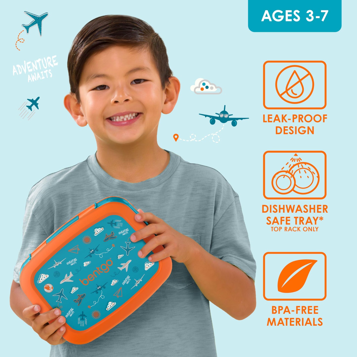 Bentgo Kids Prints Leak-Proof, 5-Compartment Bento-Style Kids Lunch Box - Ideal Portion Sizes for Ages 3-7, Durable, Drop-Proof, Dishwasher Safe, & Made with BPA-Free Materials (Planes)