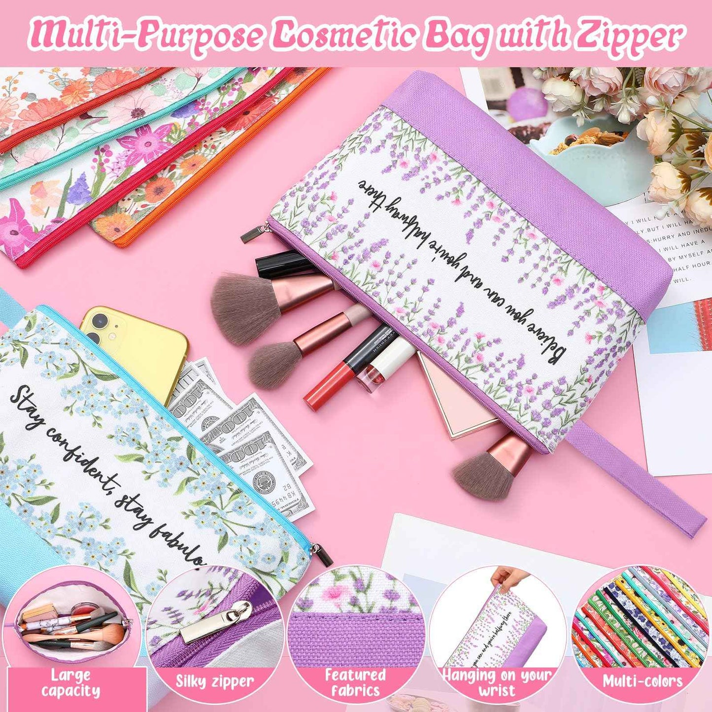 Silkfly 30 Pcs Cotton Canvas Makeup Bags Canvas Cosmetic Zipper 10.2 x 5.5 x 2 Inches Blank DIY Pouch Bag Bulk with Bottom Pencil Case Travel Toiletry Pouch for Women (Flower)