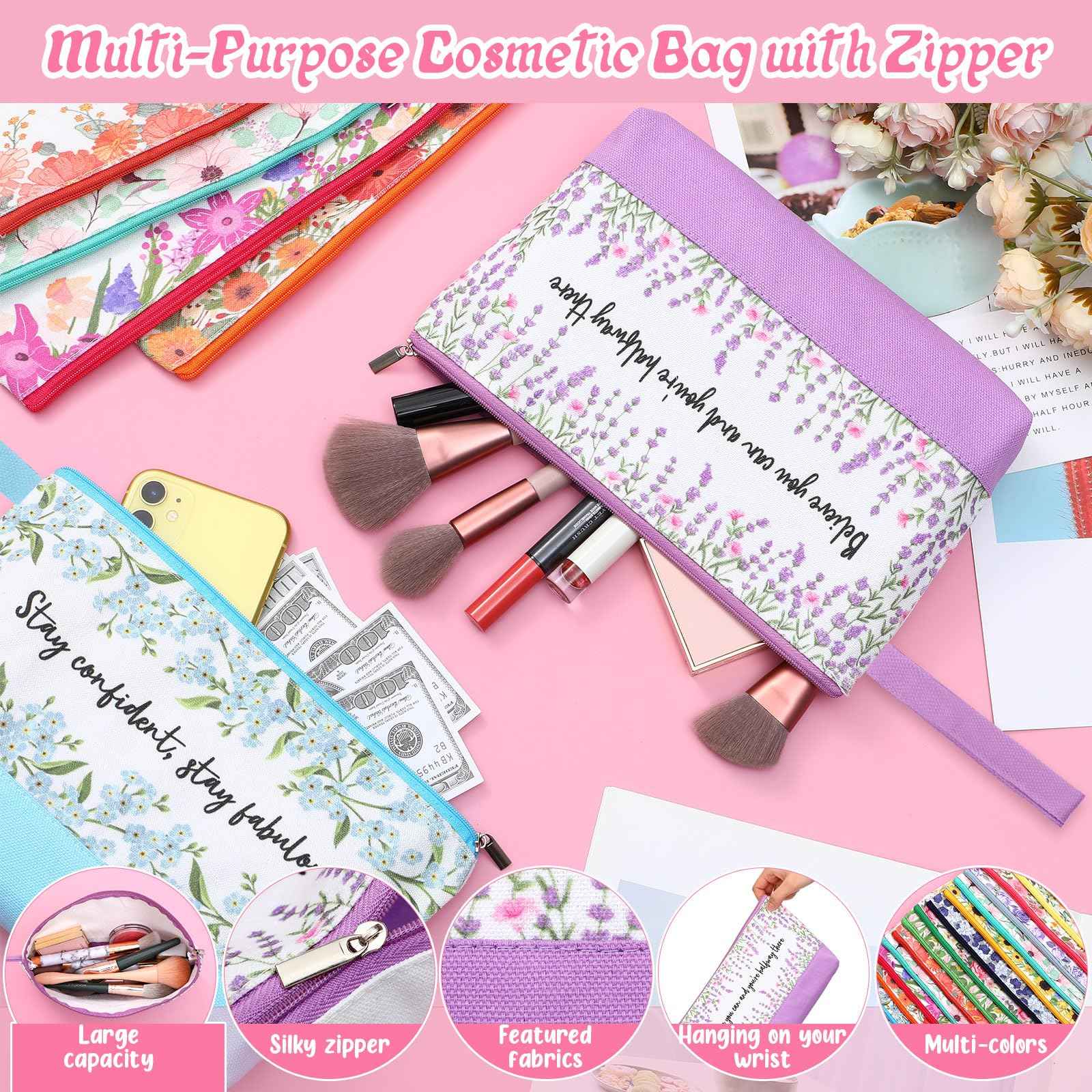 Silkfly 30 Pcs Cotton Canvas Makeup Bags Canvas Cosmetic Zipper 10.2 x 5.5 x 2 Inches Blank DIY Pouch Bag Bulk with Bottom Pencil Case Travel Toiletry Pouch for Women (Flower)