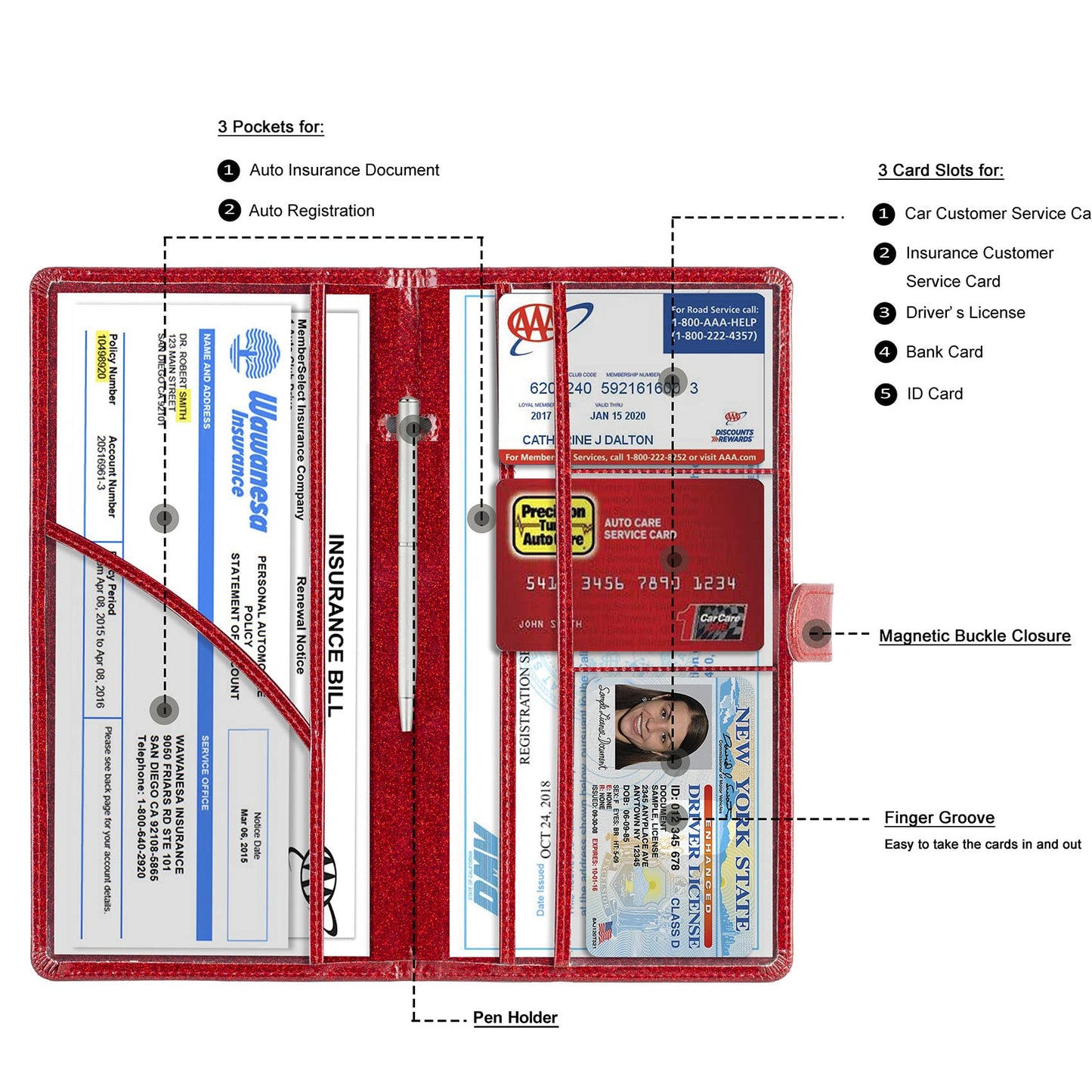 TOURSUIT Car Registration and Insurance Card Holder, Vehicle License Document Glove Box Compartment Organizer, Interior Car Accessories for Women Men Teens (Glitter Red)