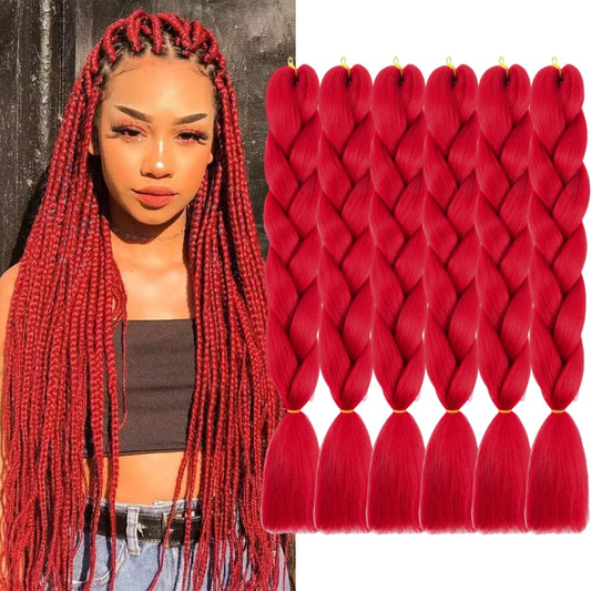 FYRLNA 6 Packs 24 Inch Jumbo Braiding Hair Soft High Temperature Resistance Synthetic Hair Extensions for Women 24 Inch Ombre Jumbo Braiding Hair Twist Crochet Braids Hair (24 Inch (Pack of 6), Red)