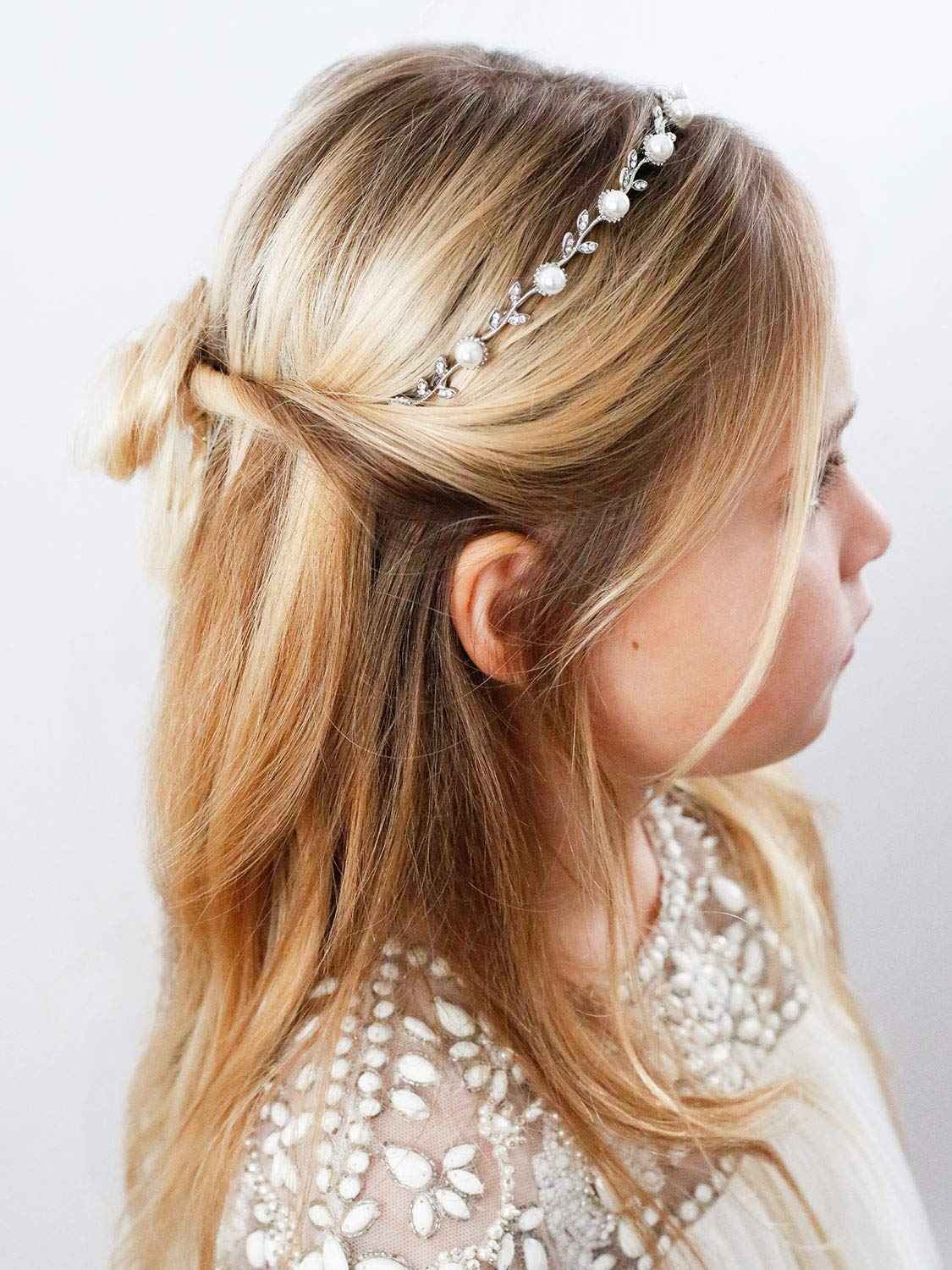 SWEETV 2pcs Flower Girl Headpiece Sliver Wedding Headband for Girls, Crystal & Pearl Hair Accessories for Birthday Party, First Communion