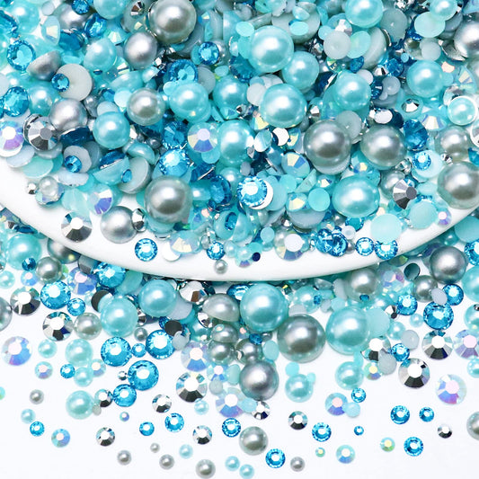 Towenm 60g Mix Pearls and Rhinestones, Flatback Rhinestones and Pearls for Crafts Tumblers Shoes Nails Face Art, 2mm-10mm Mixed Sizes Half Pearls and Rhinestones, Aquamarine|Silver|Gray