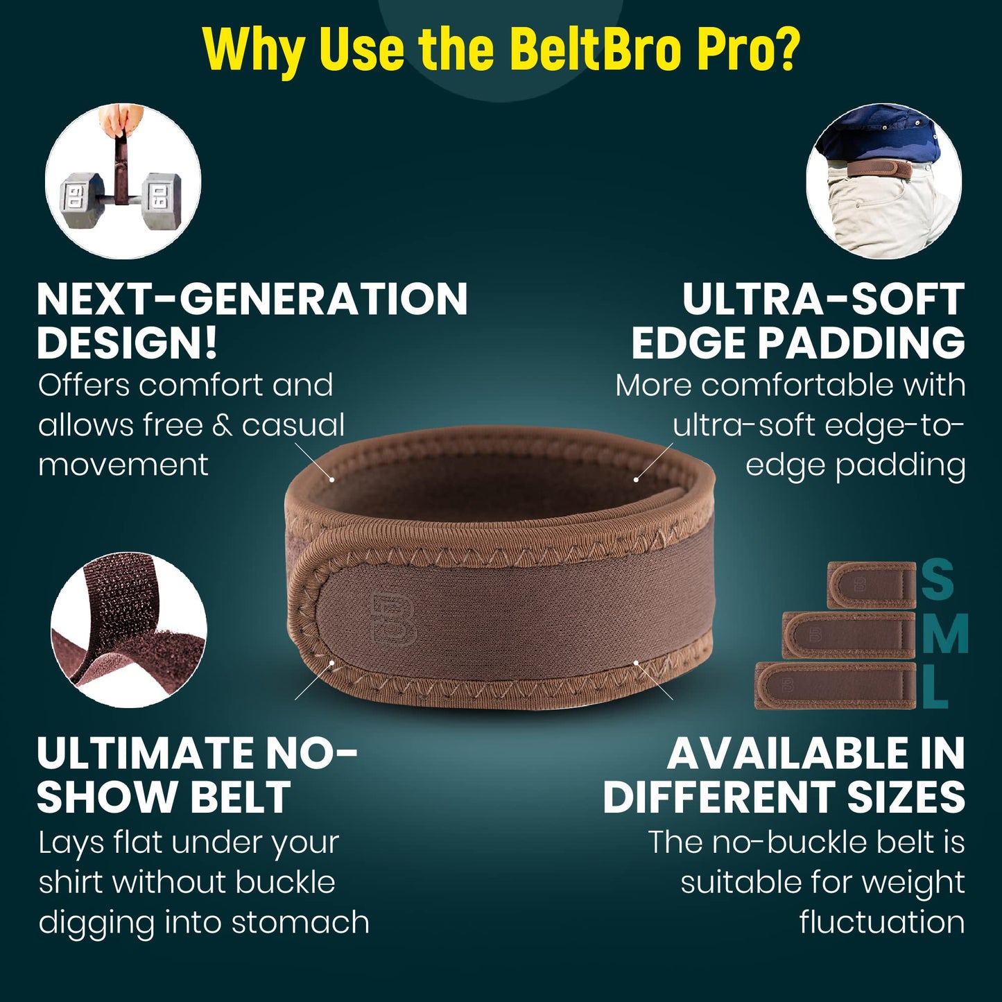 BeltBro Pro Pairs For Men – Next Generation Buckle-Free Elastic Belt With Ultra-Soft Edge Padding - Fits 1.5 Inch Belt Loops (Brown)