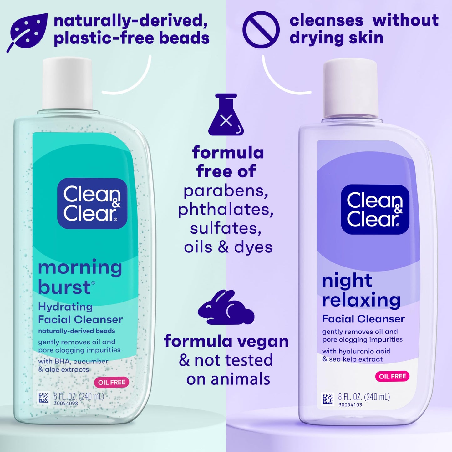 Clean & Clear 2-Pack Day & Night Daily Face Cleansers, Morning Burst Hydrating Facial Cleanser & Night Relaxing Deep Cleansing Face Wash, Oil-Free & Won't Clog Pores, 2 x 8 fl. oz