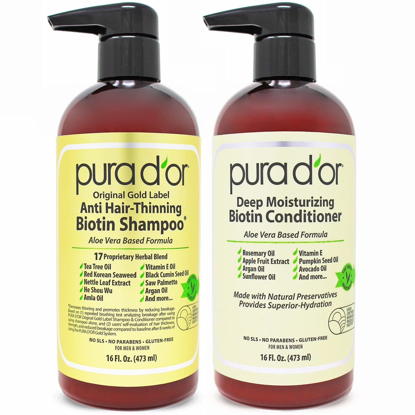 PURA D'OR Anti-Thinning Biotin Shampoo and Conditioner Natural Earthy Scent,Clinically Tested Proven Results DHT Blocker Thickening Products For Women & Men,Original Gold Label Hair Care Set 16oz x2