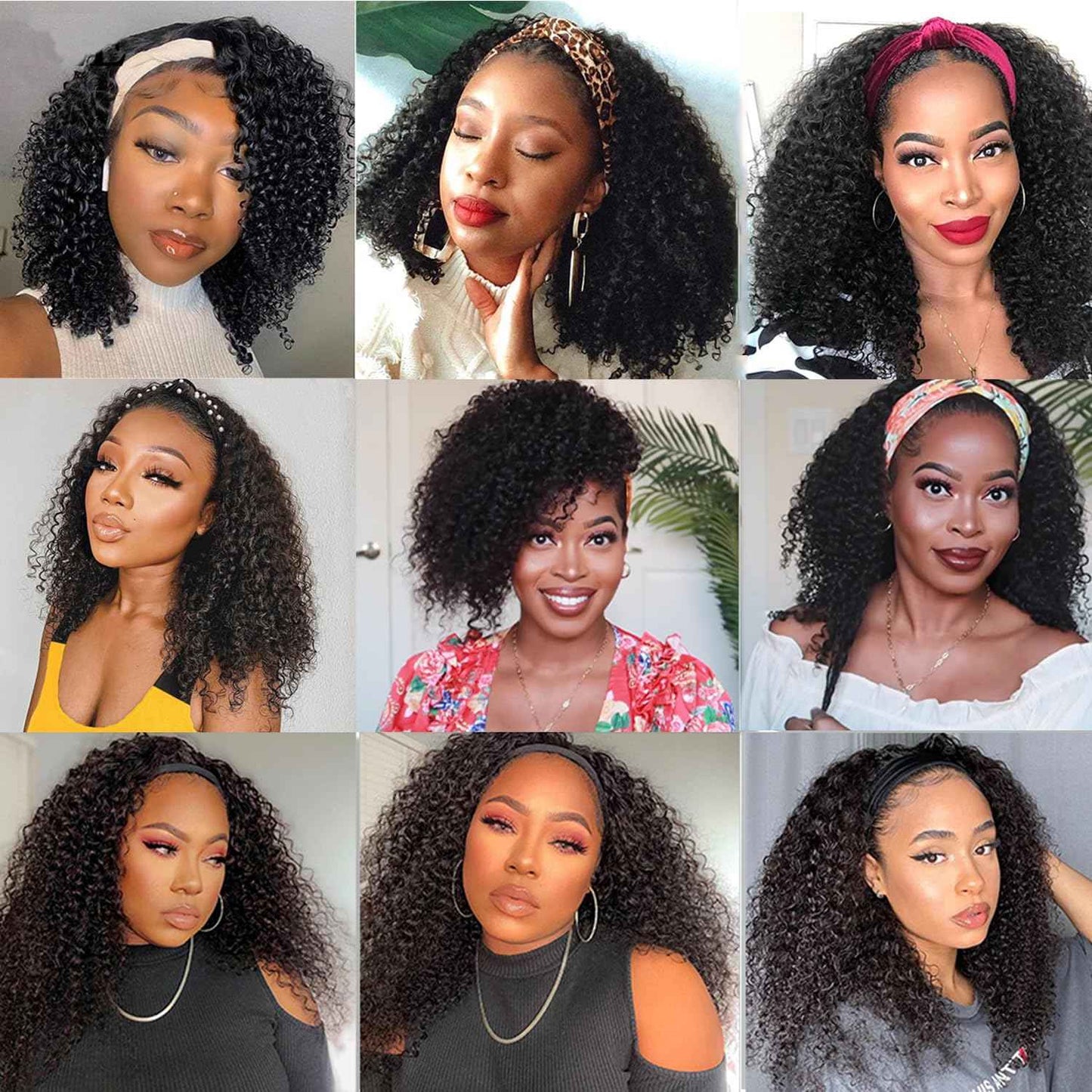 Coshgirl Headband Wig Human Hair Kinky Curly for Black Women Curly Headband Wig Human Hair Machine Made Glueless None Lace Front Wigs Brazilian Virgin Wig Natural Color 150% Density 12Inch