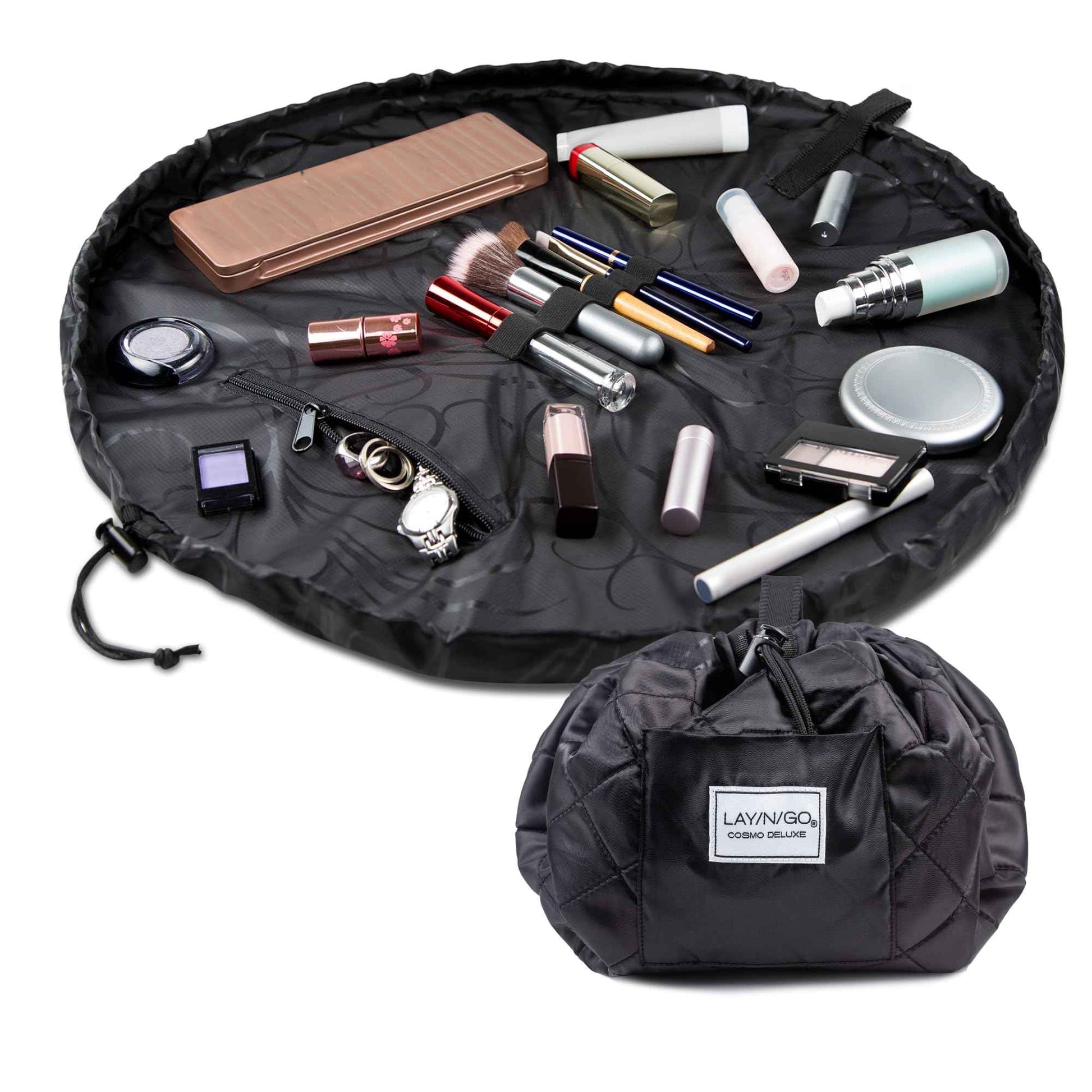 Lay-n-Go Cosmo Layflat Cosmetic & Makeup Bag Organizer - Portable Drawstring Bag w/Zipper Pocket, Brush Storage Loops & More - Durable, Machine Washable Toiletry Bag for Travel (22", Black)