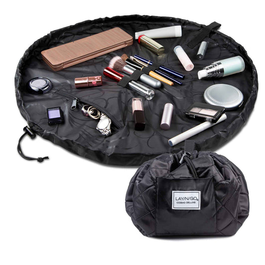 Lay-n-Go Cosmo Layflat Cosmetic & Makeup Bag Organizer - Portable Drawstring Bag w/Zipper Pocket, Brush Storage Loops & More - Durable, Machine Washable Toiletry Bag for Travel (22", Black)