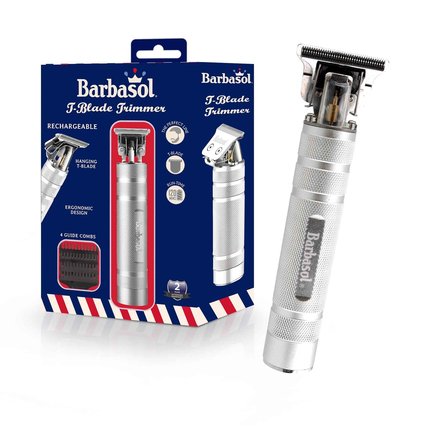 Barbasol Stainless-Steel Rechargeable Zero-Gapped T-Blade Trimmer, Hanging Blade, 3 Guide Combs
