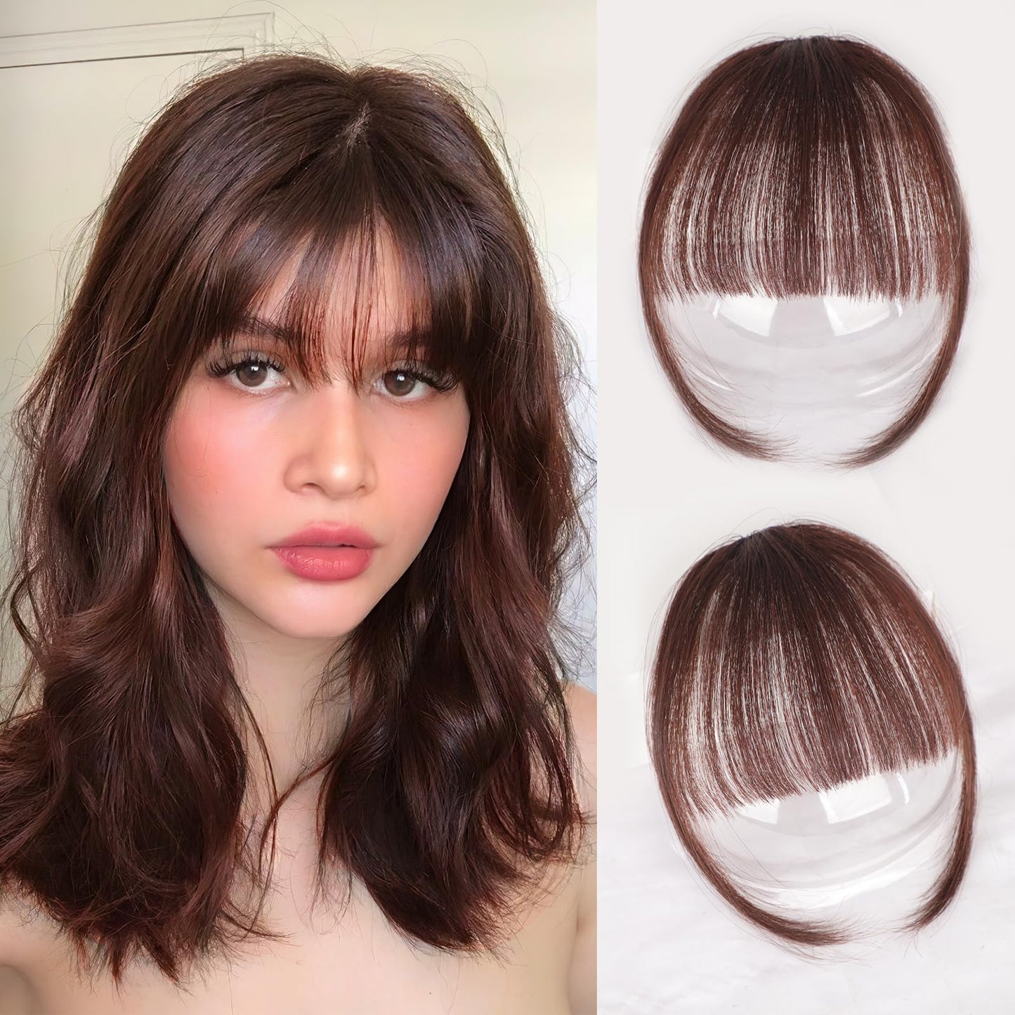 QGZ Clip in Bangs-Fake Bangs Hair Clip Fringe with Temples Hairpieces 100% Real Human Hair Extensions Curved Clip On Bangs for Women(Dark Auburn Brown Air Bangs)