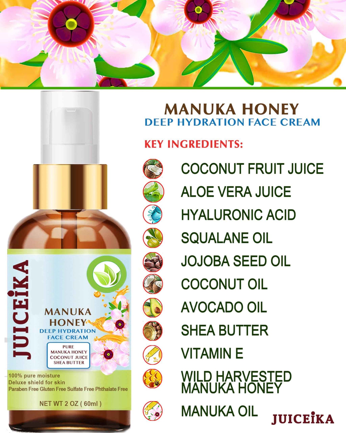 Juiceika MANUKA HONEY Deep Hydration Face Cream Face Moisturizer. Manuka Oil, Aloe Vera, Shea Butter, Coconut Oil, Jojoba Oil, Squalane, Hyaluronic Acid, Avocado Oil 2 Fl. oz. - 60 ml.