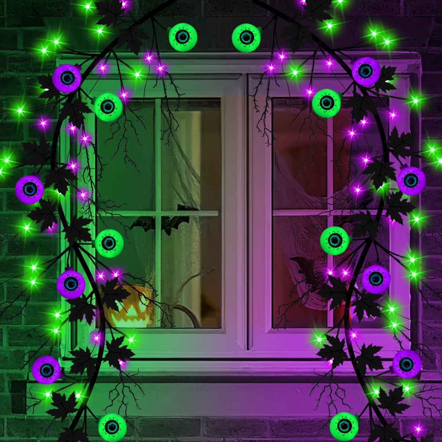 Halloween Decorations 6 Ft 54 LED Purple & Green Lights, Willow Vine Twig Garland with 9 Tree Leaves & 9 Eyeball, Battery Operated 8 Modes Halloween Lights for Home Wall Window Fireplace Mantle Decor