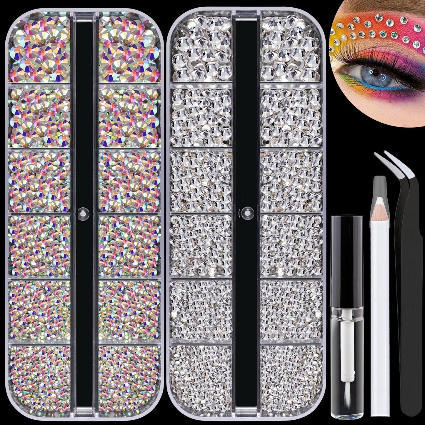 Colorful Face Gems for Makeup Set, Flatback Gorgeous Charming AB Gems, Clear Glass Gems with Makeup Glue, Tweezer, Picker Pencil for Eye Body Hair Make-up and Nail Art Deco