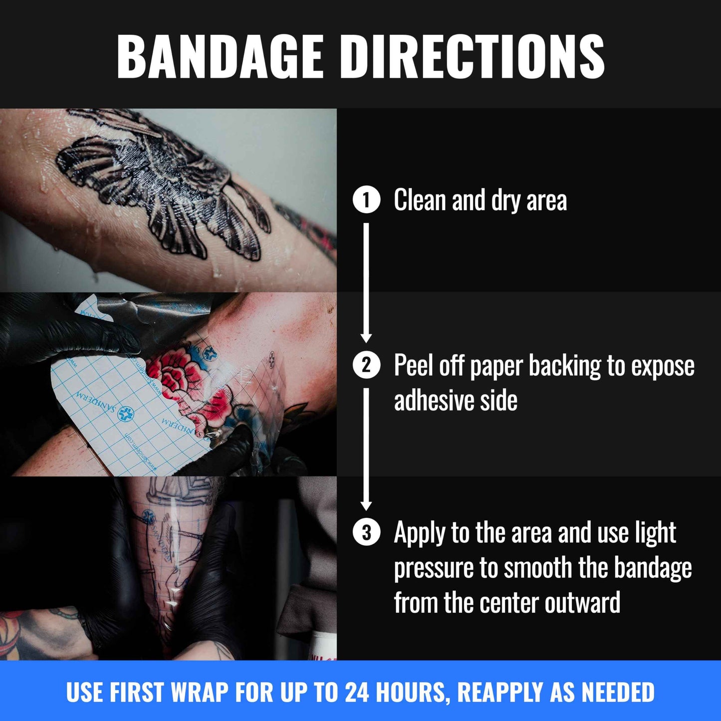 Saniderm Tattoo Recovery Bundle (3 items) – Aftercare Bandage Sheets (6 in x 8 in) + Foaming Soap (1.7oz) + Aftercare Balm PLUS+ (0.6 oz)