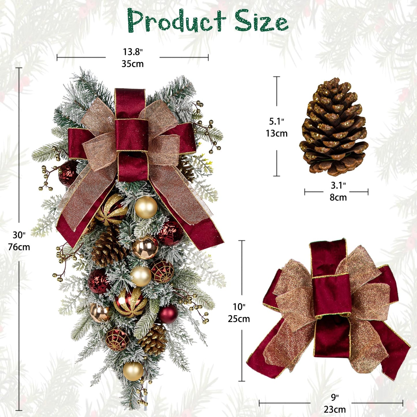 30" Christmas Teardrop Swag for Front Door Artificial Winter Swag Garland with Pine Cones, Berry Clusters, Burgundy Ball Ornaments and Ribbons for Thanksgiving Holiday Christmas Decoration