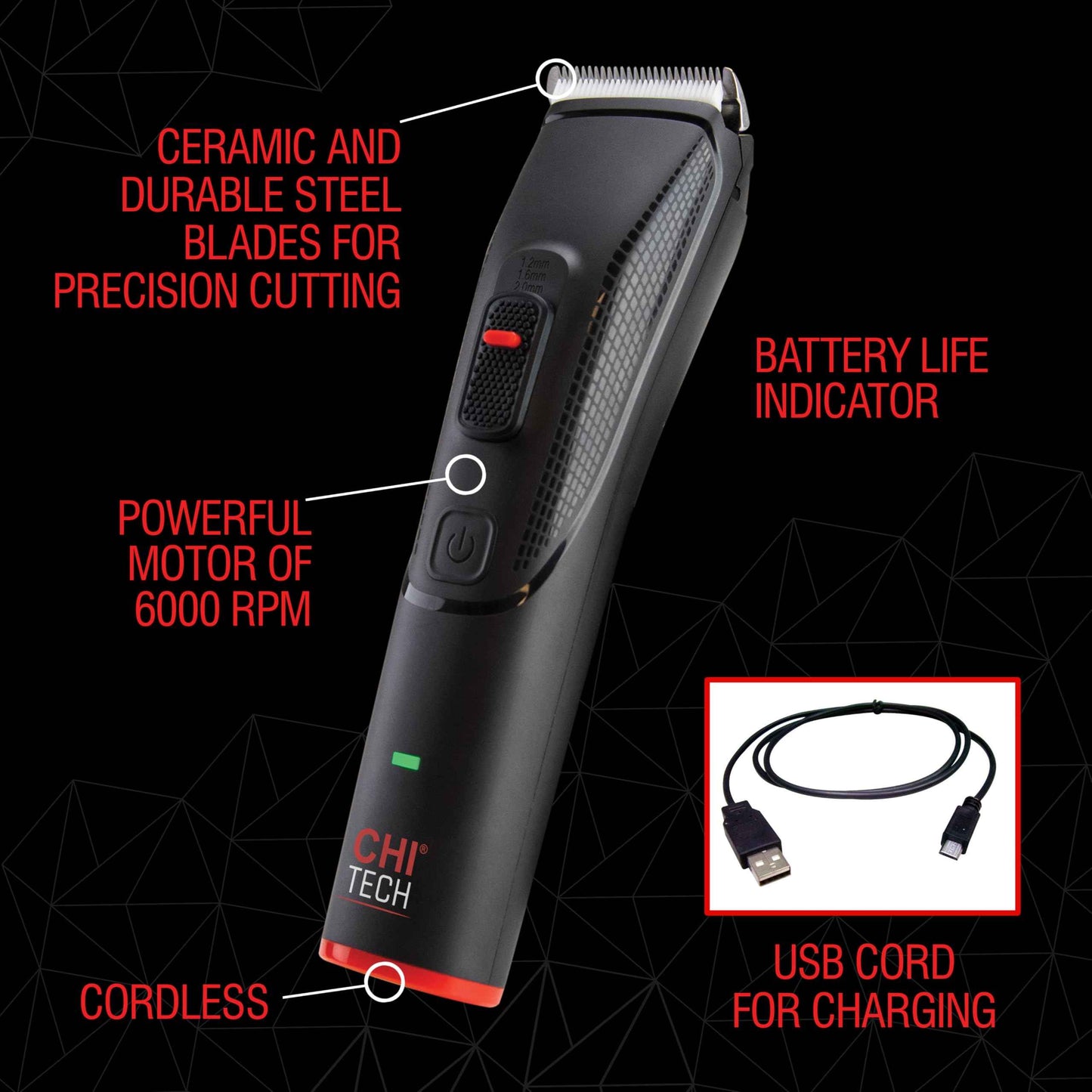 CHI Tech Cordless Precision Clipper, Wireless Hair Clipper for Precision Styling, Smooth Grip & Stainless Steel Blades, Includes 4 Guard Attachments