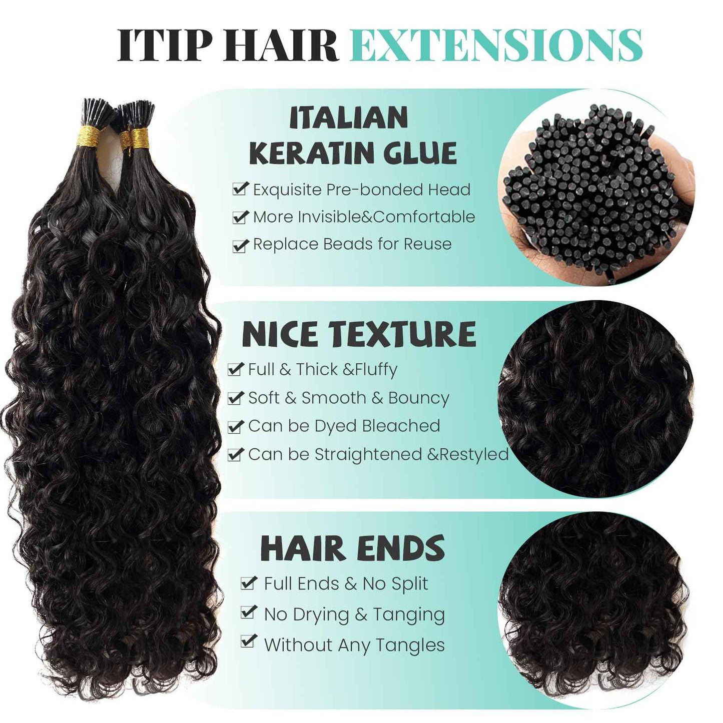 I Tip Hair Extensions Human Hair, Water Wave Curly itip Black Hair Extensions Real Human Hair18 Inch Pre Bonded Cold Fusion Curly I tip Hair Extension for Black Women100 Strand 50Gram