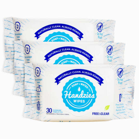 Handzies Alcohol-Free Natural Soap and Water Cleansing Towelettes - Free&Clear - 30ct soft pouch - Pack of 3 (90 total towelettes)