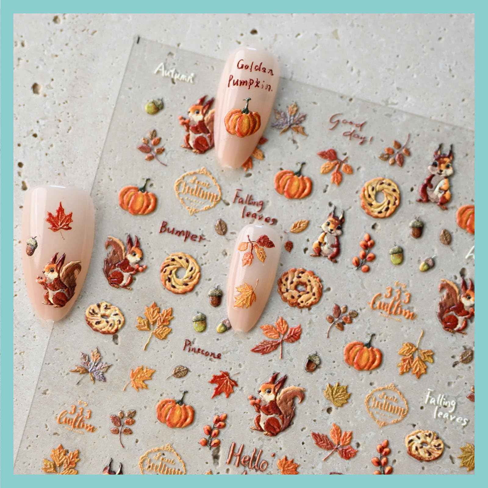 CESTSIREN Fall Squirrel Nail Art Stickers, Maple Leaves Nail Decals, Self-Adhesive,Autumn Nail Accessories & Supplies, Durable & Long-Lasting