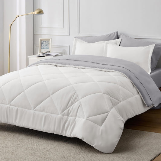 Bedsure Ivory Twin Comforter Set - 5 Pieces Reversible Twin Bed in a Bag for College, Extra Long Twin Bed Set Ivory and Grey with Comforters, Sheets, Pillowcase & Sham