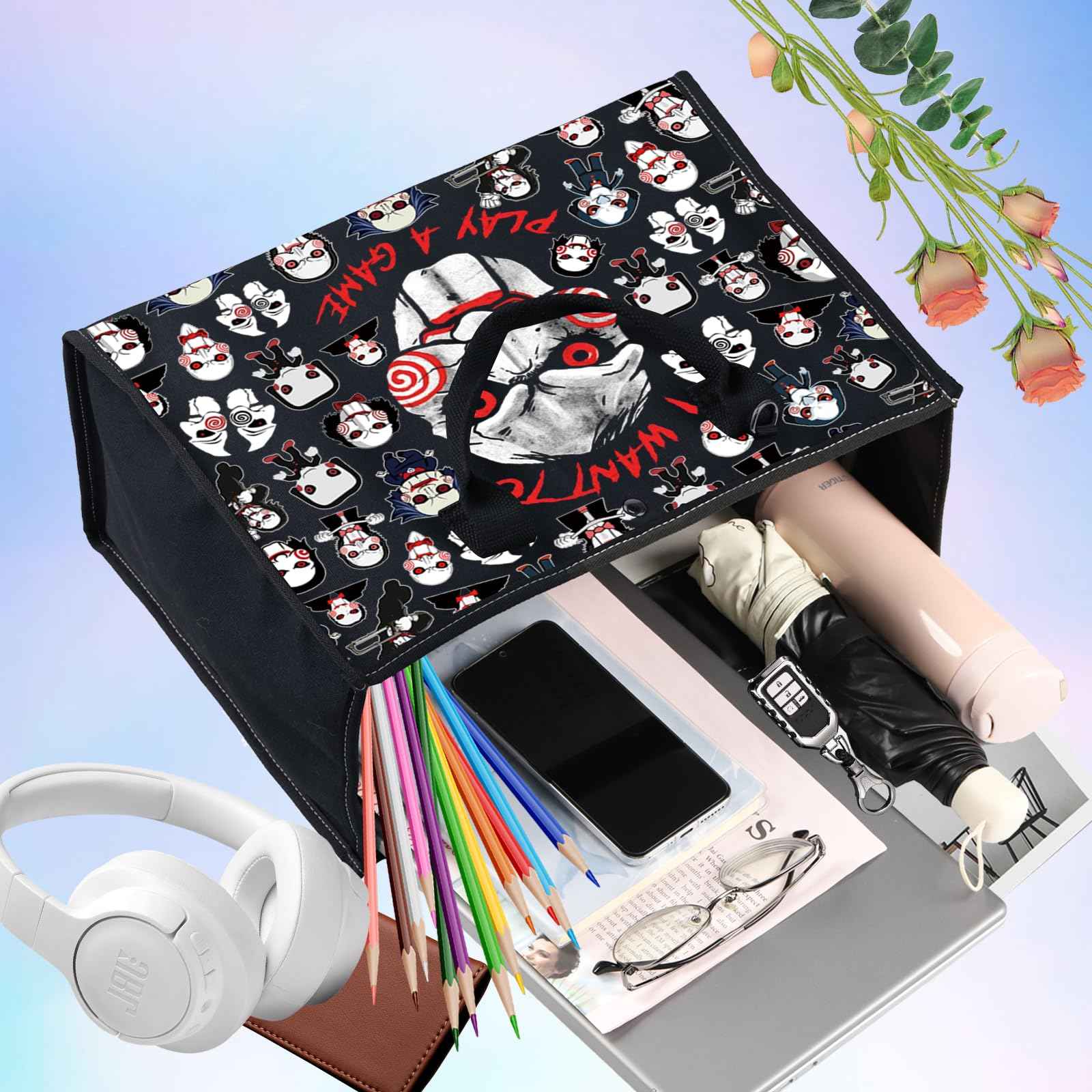 LEVLO Jigsaw Killer Tote Bag Horror Movie Fans Gift I Want To Play A Game Jigsaw Killer Shoulder Bag Horror Movie Merch (Play A Game LT)