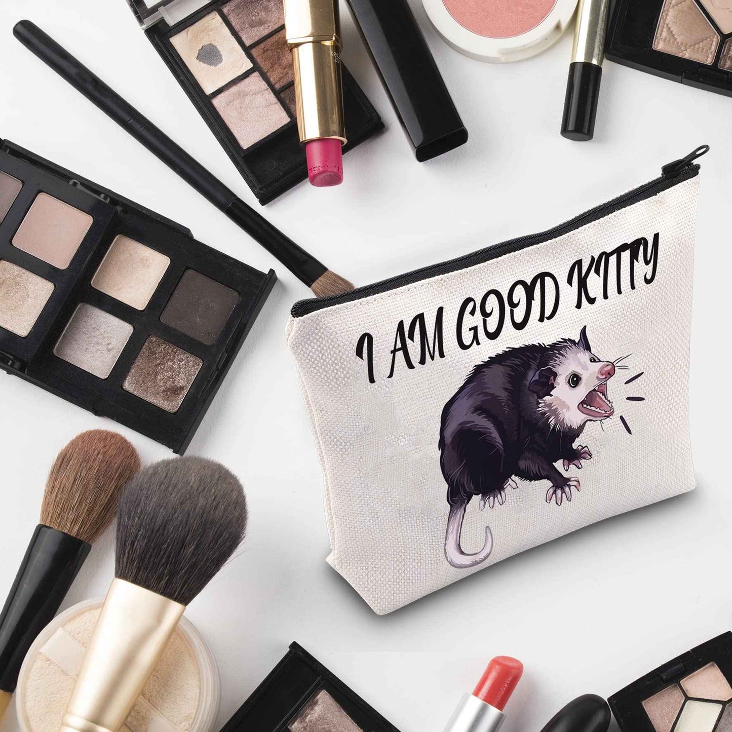 G2TUP Opossum Lover Gift I Am Good Kitty Opossum Makeup Bag Opossum Mom Cosmetic Bag Opossum Whisperer Gift Wildlife Rescue Zipper Travel Pouch (I Am Good Kitty White Bag)