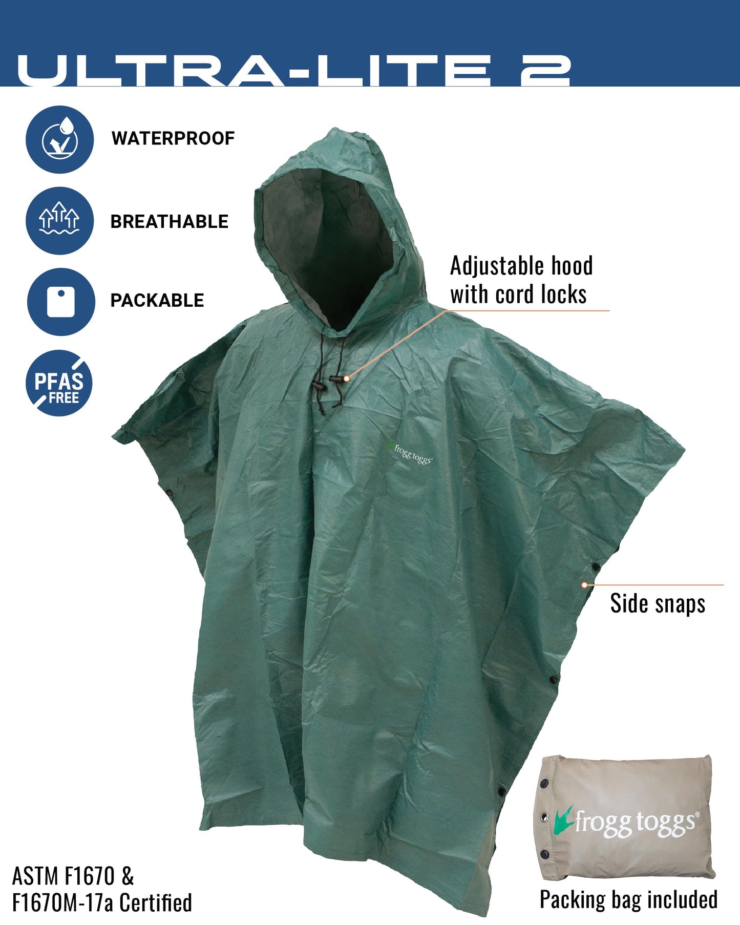 FROGG TOGGS Ultra-Lite2 Reusable Waterproof Breathable Poncho