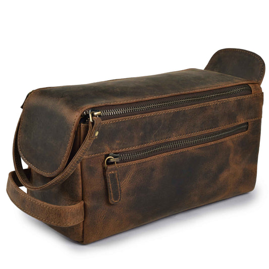 LEATHER VILLAGE Premium Leather Travel Toiletry Bag - Water-Resistant Dopp Kit for Toiletries, Large Shaving Bag & Bathroom Organizer - Gift for Men & Women - Rustic Brown